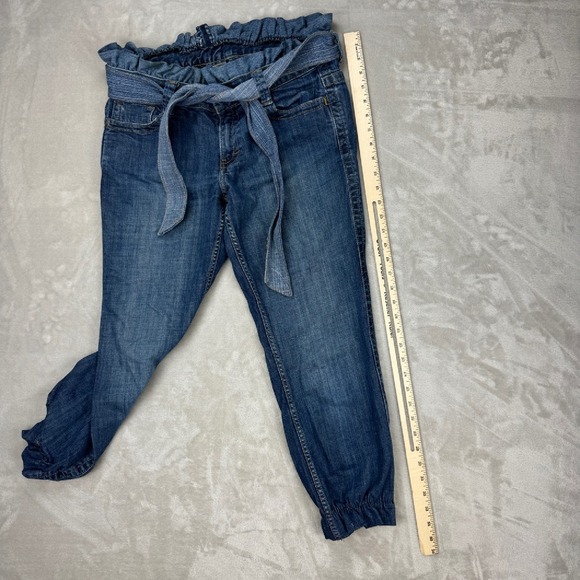 Calvin Klein Jeans Paper Bag Waist Tie Ankle Jogger Cuff Blue Denim Pants Size 8 - Picture 7 of 10